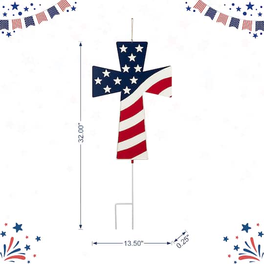 Glitzhome® 32" Patriotic Americana Double-Sided Metal Cross Yard Stake